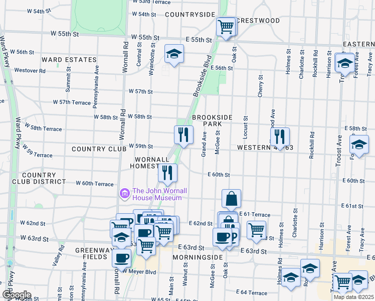 map of restaurants, bars, coffee shops, grocery stores, and more near 5902 Walnut Street in Kansas City