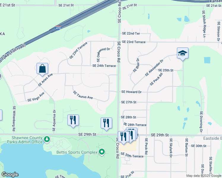 map of restaurants, bars, coffee shops, grocery stores, and more near 3522 Southeast Mercury Court in Topeka
