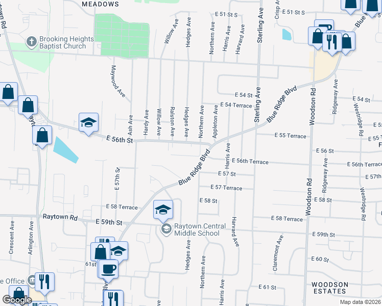 map of restaurants, bars, coffee shops, grocery stores, and more near 10620 East 56th Street in Raytown