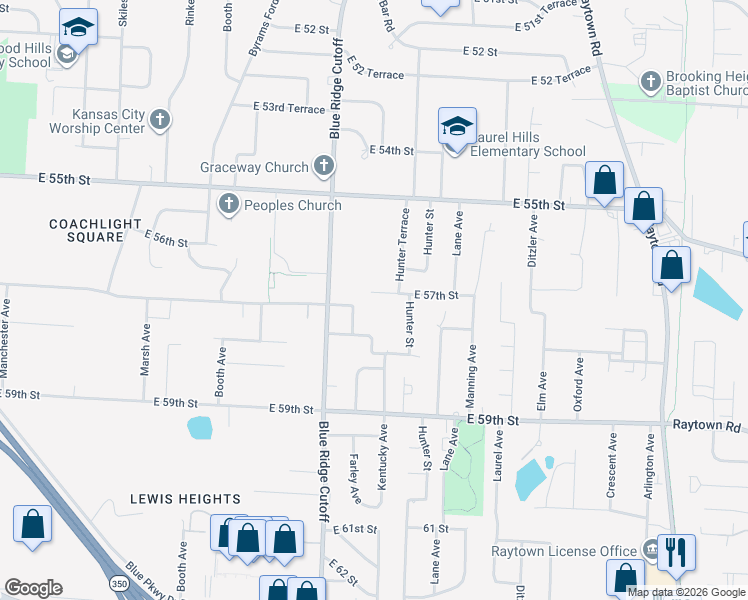 map of restaurants, bars, coffee shops, grocery stores, and more near 5604 Hunter Terrace in Raytown