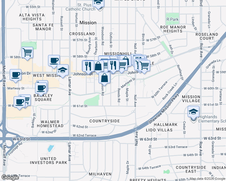 map of restaurants, bars, coffee shops, grocery stores, and more near 5928 Reeds Road in Mission