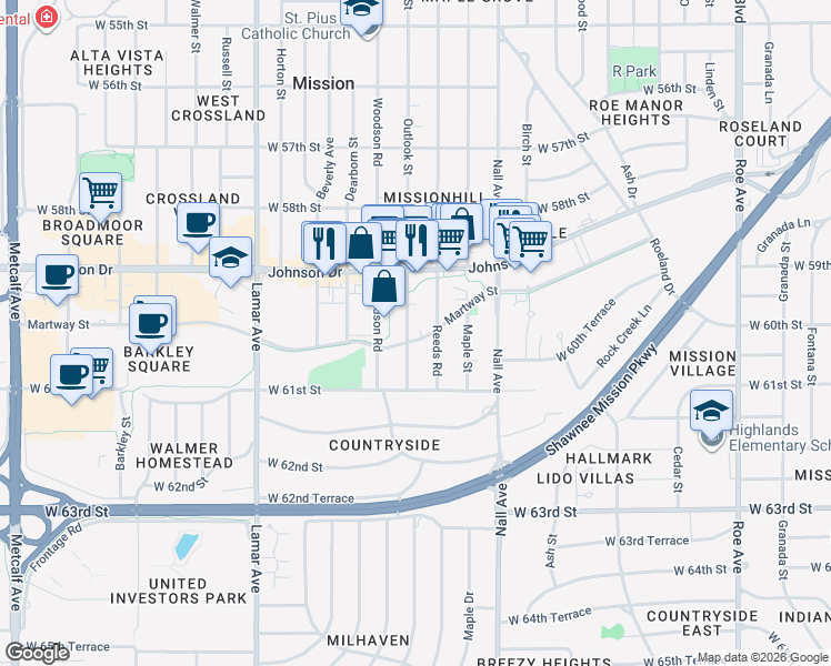 map of restaurants, bars, coffee shops, grocery stores, and more near 5928 Reeds Road in Mission
