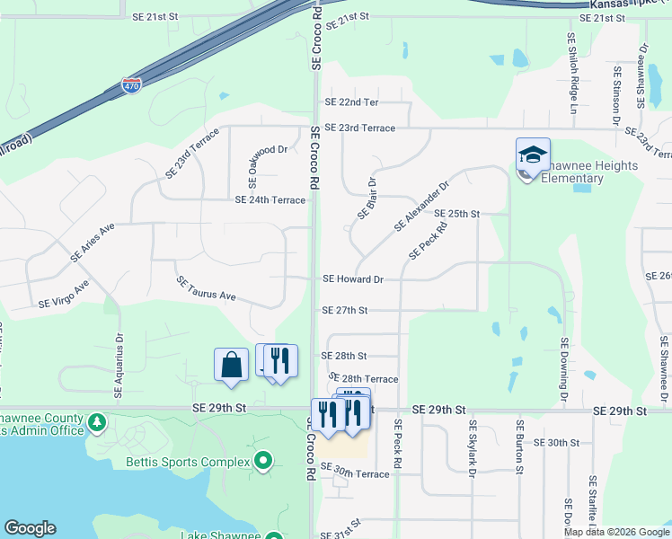 map of restaurants, bars, coffee shops, grocery stores, and more near 2543 Southeast Blair Drive in Topeka