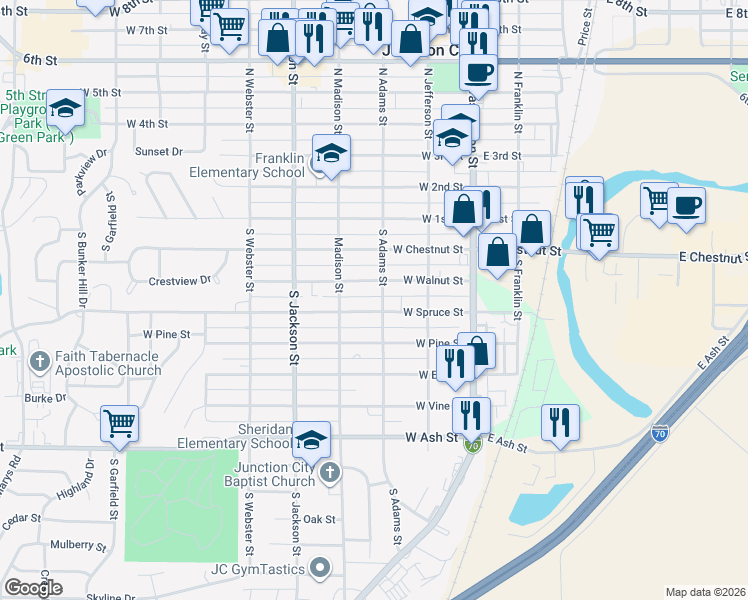 map of restaurants, bars, coffee shops, grocery stores, and more near 316 West Walnut Street in Junction City