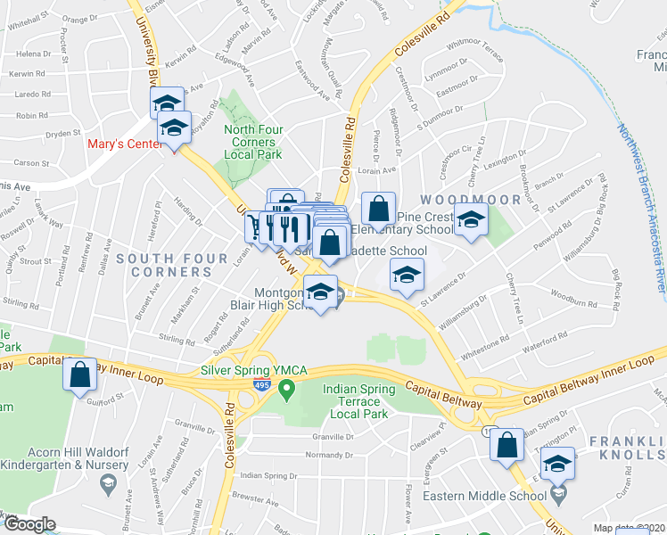 map of restaurants, bars, coffee shops, grocery stores, and more near 10103 Colesville Road in Silver Spring