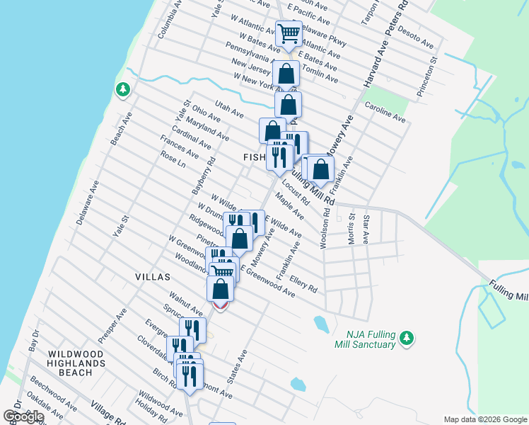 map of restaurants, bars, coffee shops, grocery stores, and more near 1647 Bayshore Road in Villas