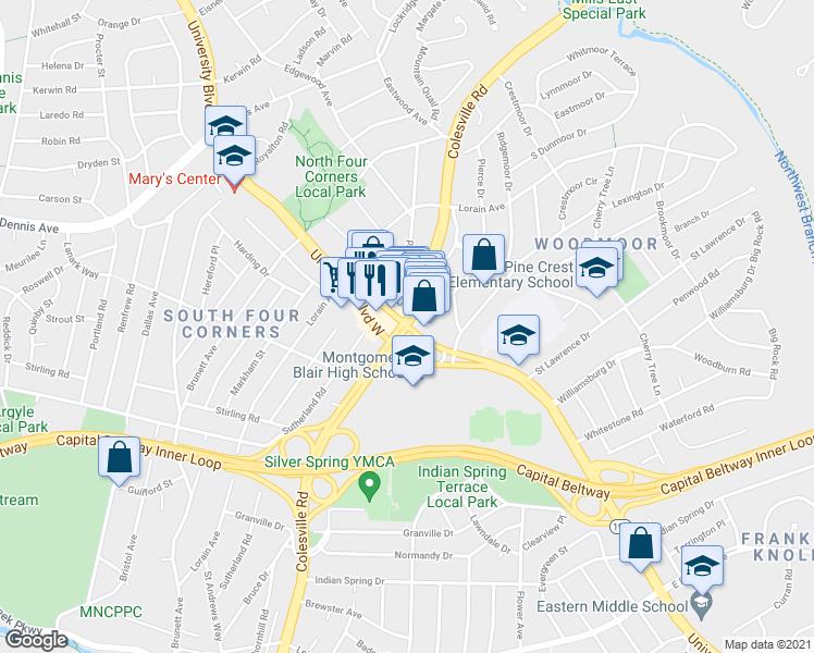 map of restaurants, bars, coffee shops, grocery stores, and more near Colesville Road in Silver Spring