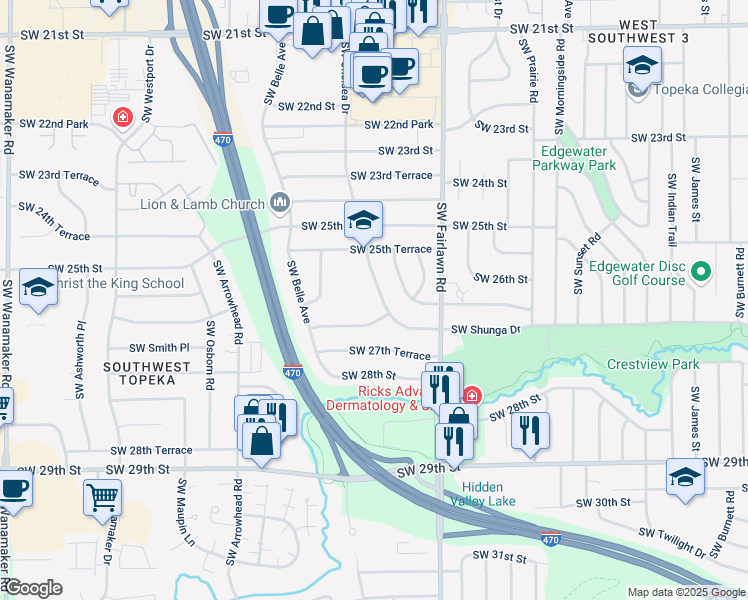 map of restaurants, bars, coffee shops, grocery stores, and more near 2536 Southwest Chelsea Drive in Topeka