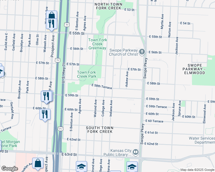 map of restaurants, bars, coffee shops, grocery stores, and more near 5742 Indiana Avenue in Kansas City