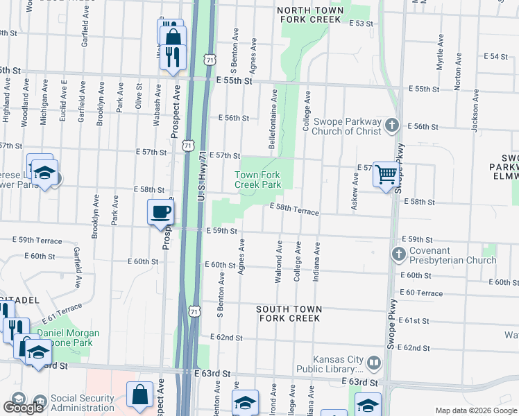 map of restaurants, bars, coffee shops, grocery stores, and more near 5752 Walrond Avenue in Kansas City
