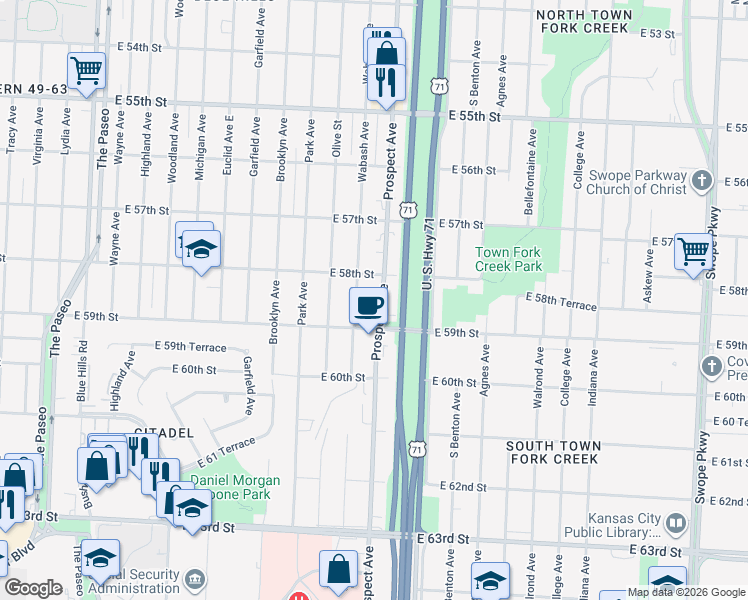 map of restaurants, bars, coffee shops, grocery stores, and more near 5800 Prospect Avenue in Kansas City