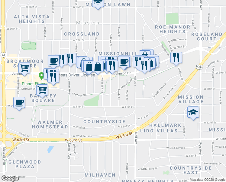 map of restaurants, bars, coffee shops, grocery stores, and more near 5928 Reeds Road in Mission