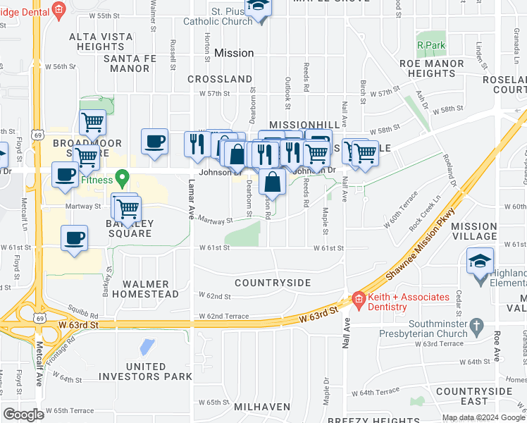 map of restaurants, bars, coffee shops, grocery stores, and more near 5937 Dearborn Street in Mission