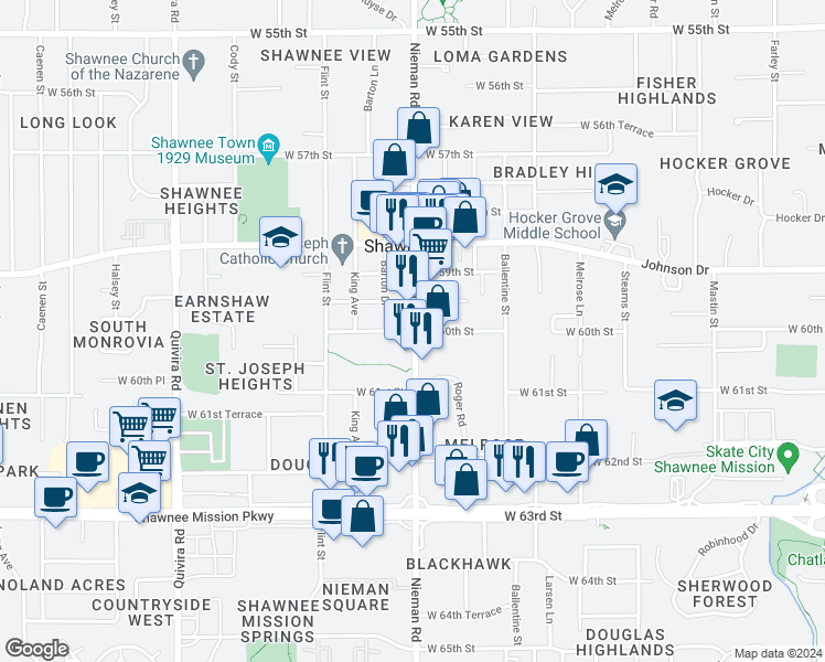 map of restaurants, bars, coffee shops, grocery stores, and more near 5931 Nieman Road in Shawnee