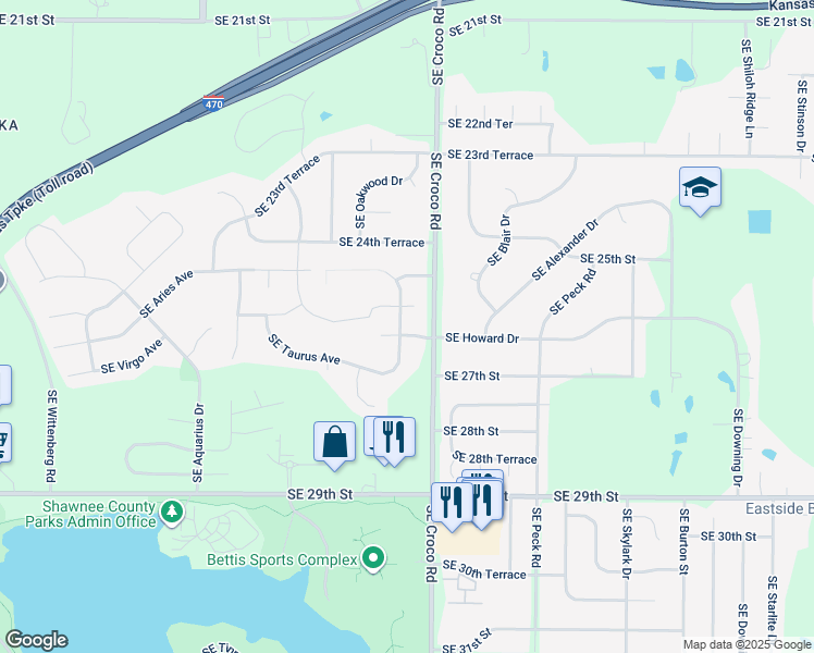 map of restaurants, bars, coffee shops, grocery stores, and more near 3522 Southeast Mercury Court in Topeka