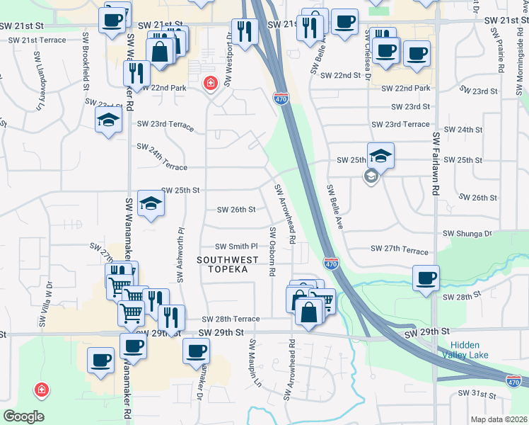 map of restaurants, bars, coffee shops, grocery stores, and more near 2512 Southwest Osborn Road in Topeka