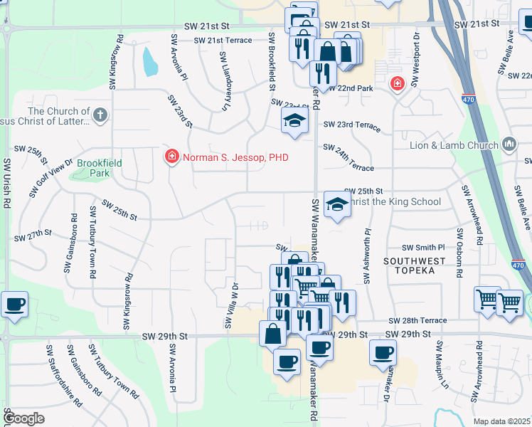 map of restaurants, bars, coffee shops, grocery stores, and more near 6114 Southwest 26th Street in Topeka