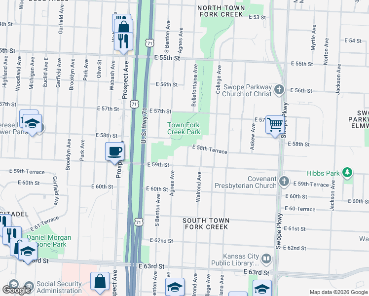 map of restaurants, bars, coffee shops, grocery stores, and more near 5752 Walrond Avenue in Kansas City