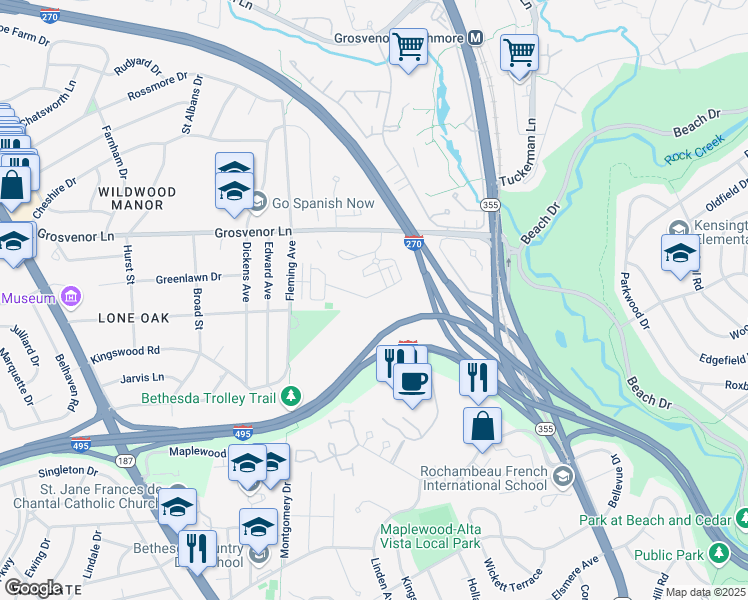 map of restaurants, bars, coffee shops, grocery stores, and more near 5412 Merriam Street in Bethesda