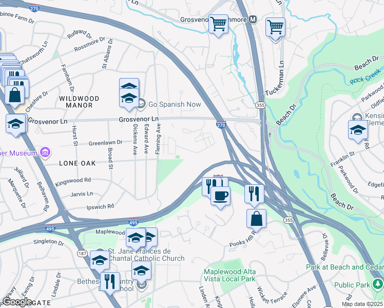 map of restaurants, bars, coffee shops, grocery stores, and more near 5426 Merriam Street in Bethesda