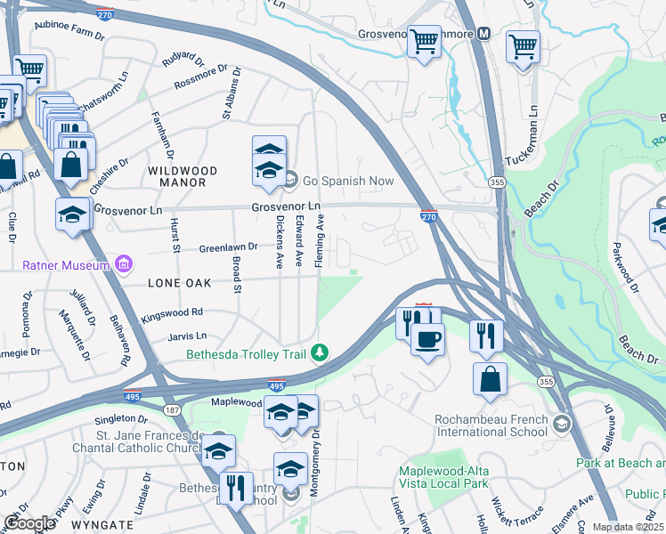 map of restaurants, bars, coffee shops, grocery stores, and more near 140 Winsome Circle in Bethesda