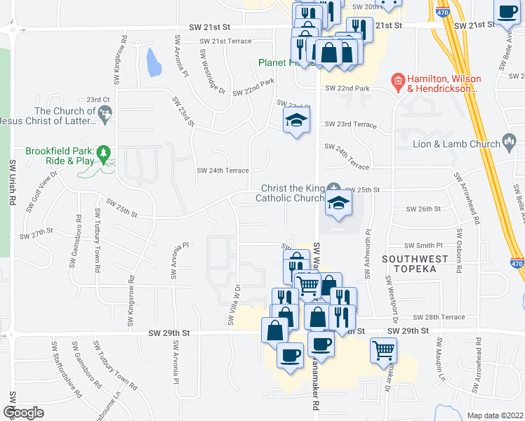 map of restaurants, bars, coffee shops, grocery stores, and more near 6111 Southwest 26th Street in Topeka