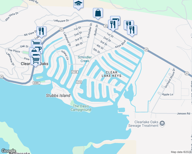 map of restaurants, bars, coffee shops, grocery stores, and more near 601 Bass Lane in Clearlake Oaks