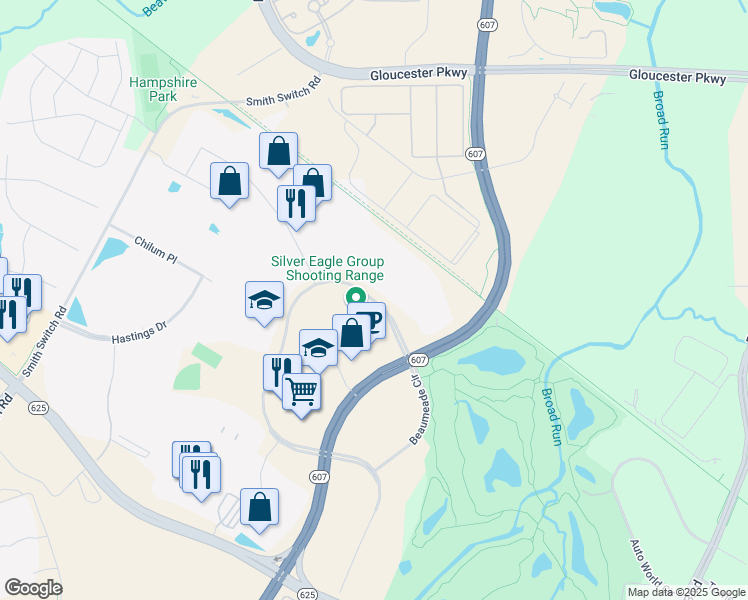 map of restaurants, bars, coffee shops, grocery stores, and more near 21407 Beaumeade Circle in Ashburn