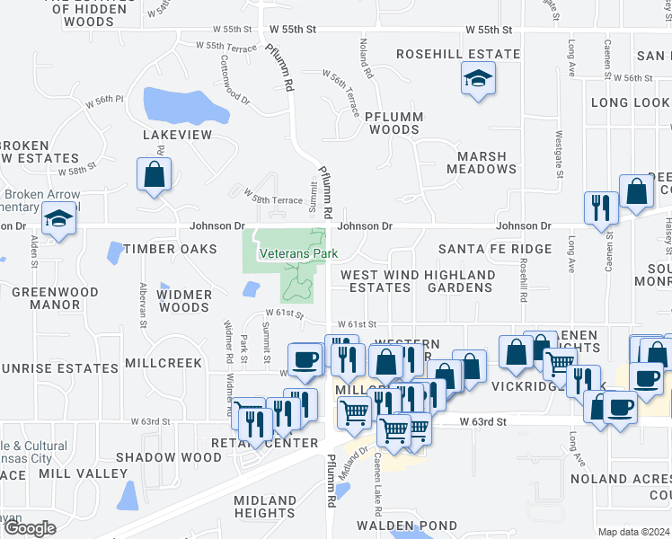 map of restaurants, bars, coffee shops, grocery stores, and more near 5929 Pflumm Road in Shawnee