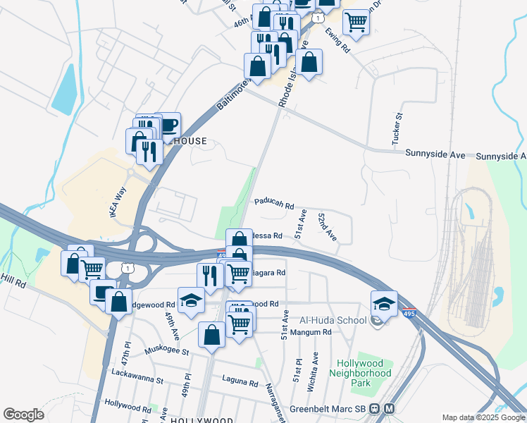 map of restaurants, bars, coffee shops, grocery stores, and more near 5004 Stewart Court in College Park