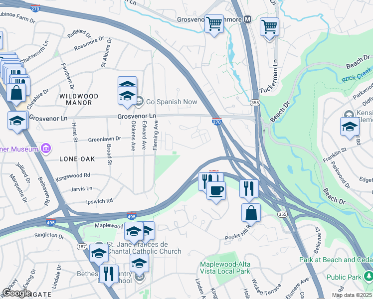 map of restaurants, bars, coffee shops, grocery stores, and more near 5432 Merriam Street in Bethesda