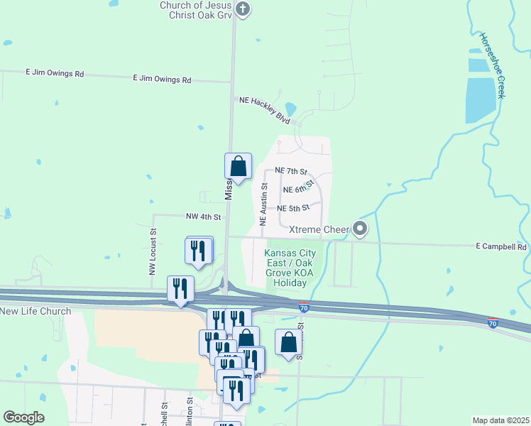 map of restaurants, bars, coffee shops, grocery stores, and more near 502 Northeast Austin Street in Oak Grove