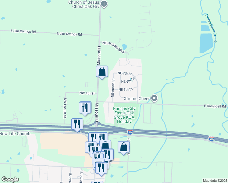 map of restaurants, bars, coffee shops, grocery stores, and more near 502 Northeast Austin Street in Oak Grove
