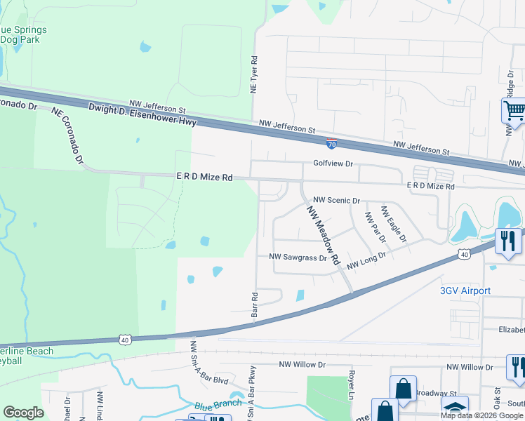 map of restaurants, bars, coffee shops, grocery stores, and more near 1312 Valley Woods Court in Grain Valley