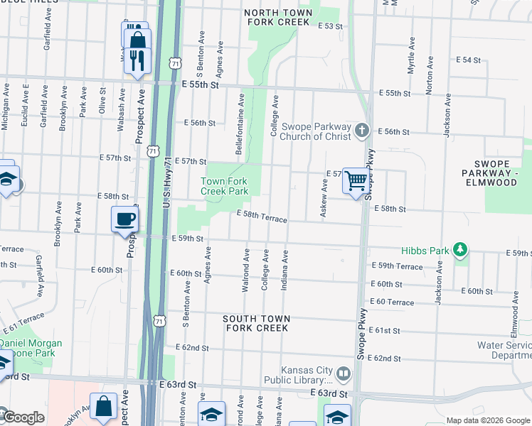 map of restaurants, bars, coffee shops, grocery stores, and more near 5753 Walrond Avenue in Kansas City