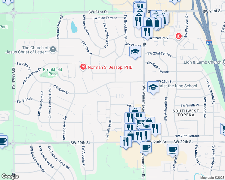 map of restaurants, bars, coffee shops, grocery stores, and more near 6212 Southwest 26th Street in Topeka