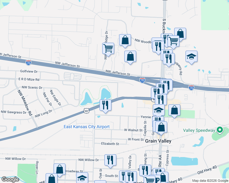 map of restaurants, bars, coffee shops, grocery stores, and more near 655 East R D Mize Road in Grain Valley