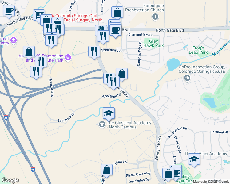 map of restaurants, bars, coffee shops, grocery stores, and more near 7 Spectrum Loop in Colorado Springs