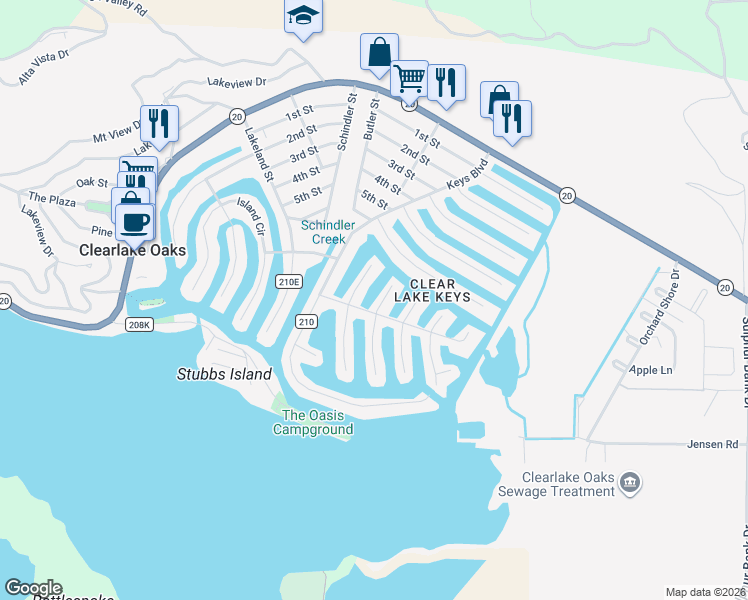 map of restaurants, bars, coffee shops, grocery stores, and more near 613 Bass Lane in Clearlake Oaks
