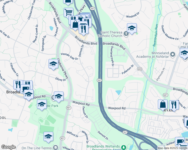 map of restaurants, bars, coffee shops, grocery stores, and more near 21580 Iredell Terrace in Broadlands
