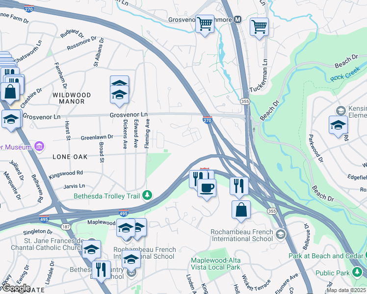 map of restaurants, bars, coffee shops, grocery stores, and more near Merriam Street in Bethesda