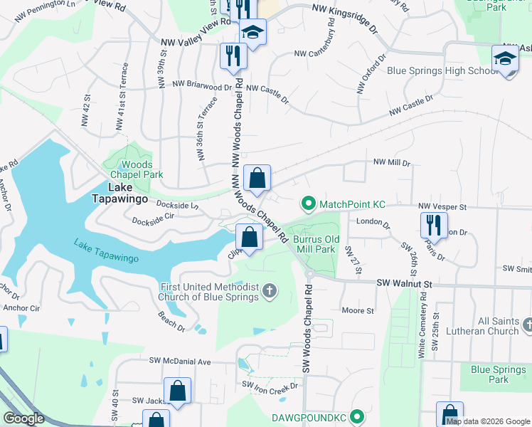 map of restaurants, bars, coffee shops, grocery stores, and more near 3407 Northwest Mill Drive in Blue Springs