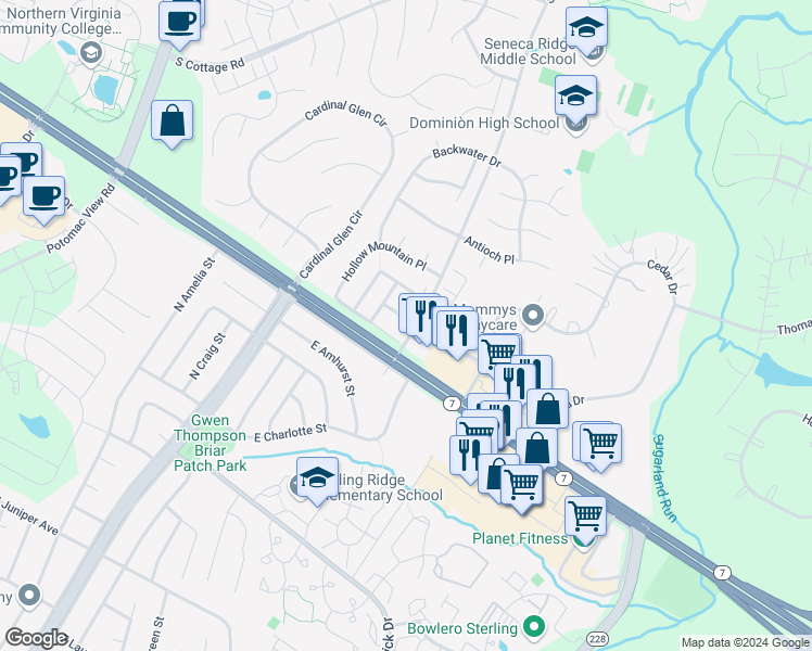 map of restaurants, bars, coffee shops, grocery stores, and more near 46807 Sweet Birch Terrace in Sterling