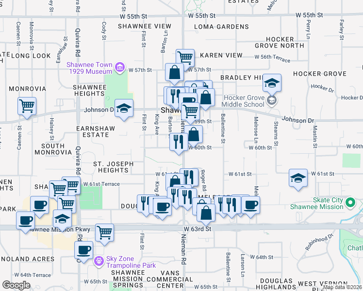 map of restaurants, bars, coffee shops, grocery stores, and more near 5931 Nieman Road in Shawnee
