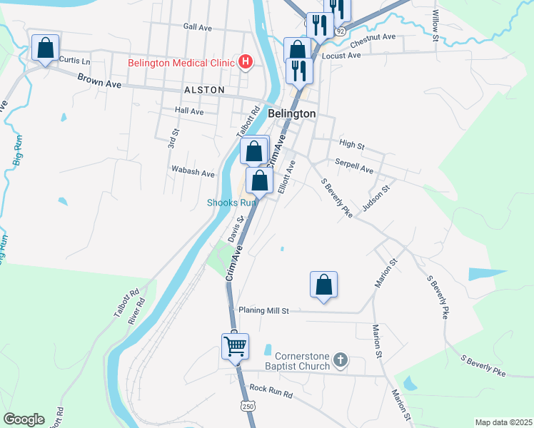 map of restaurants, bars, coffee shops, grocery stores, and more near 201-221 Elliott Ave in Belington