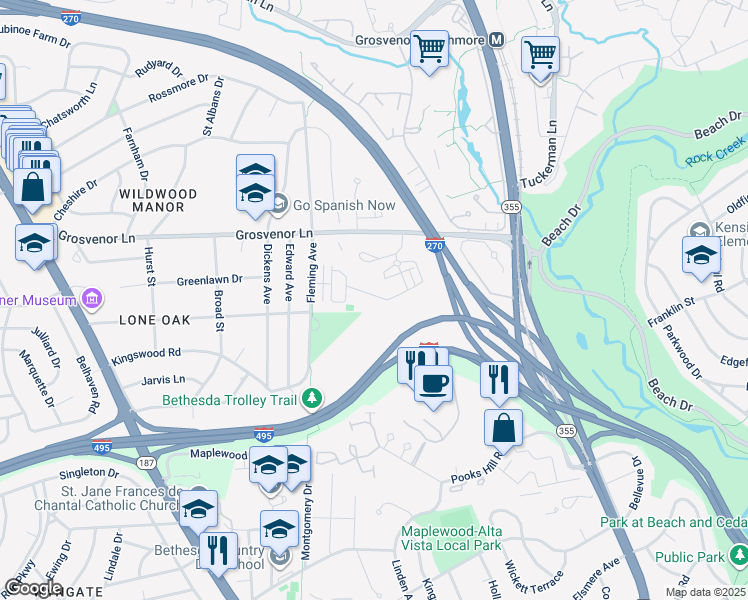 map of restaurants, bars, coffee shops, grocery stores, and more near 5432 Merriam Street in Bethesda