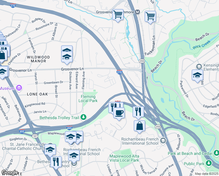map of restaurants, bars, coffee shops, grocery stores, and more near 5406 Merriam Street in Bethesda