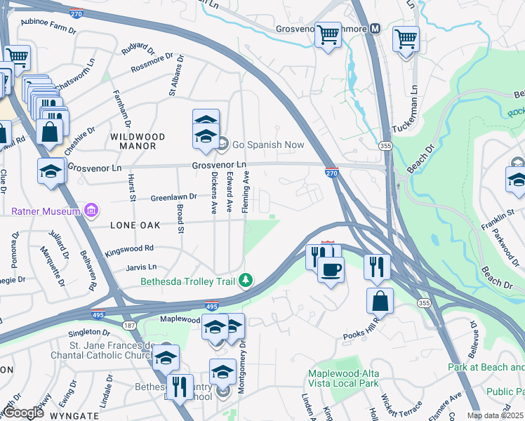 map of restaurants, bars, coffee shops, grocery stores, and more near 141 Winsome Circle in Bethesda