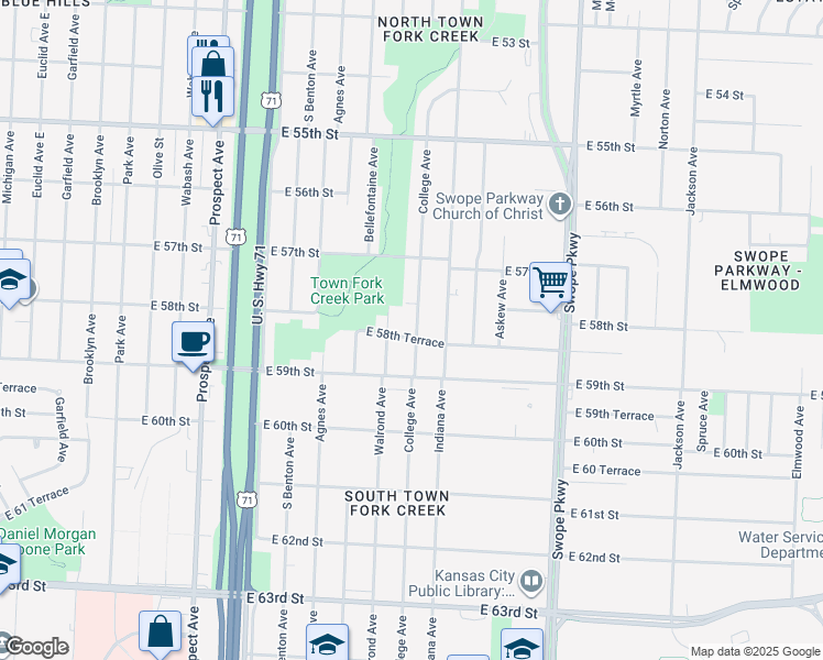 map of restaurants, bars, coffee shops, grocery stores, and more near 5753 Walrond Avenue in Kansas City