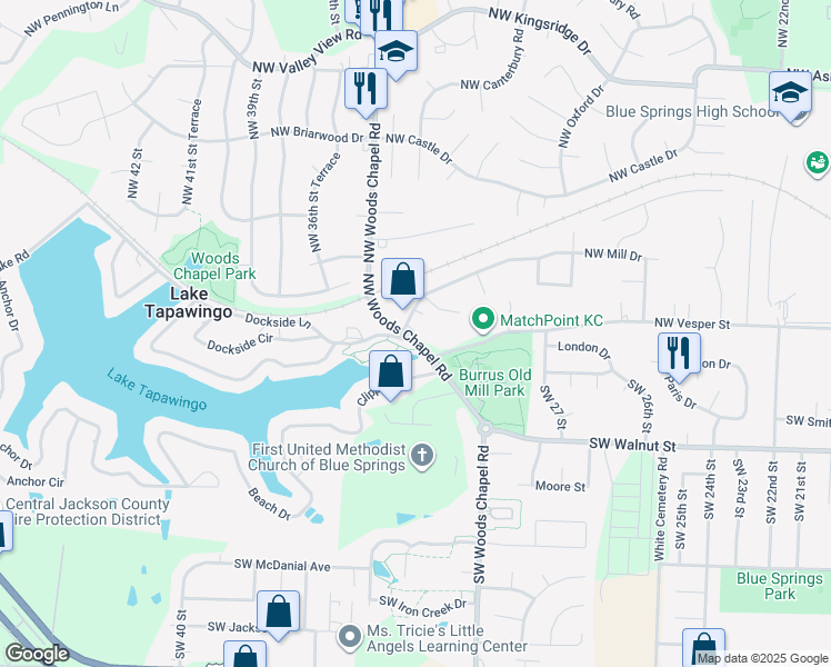 map of restaurants, bars, coffee shops, grocery stores, and more near 3407 Northwest Mill Drive in Blue Springs